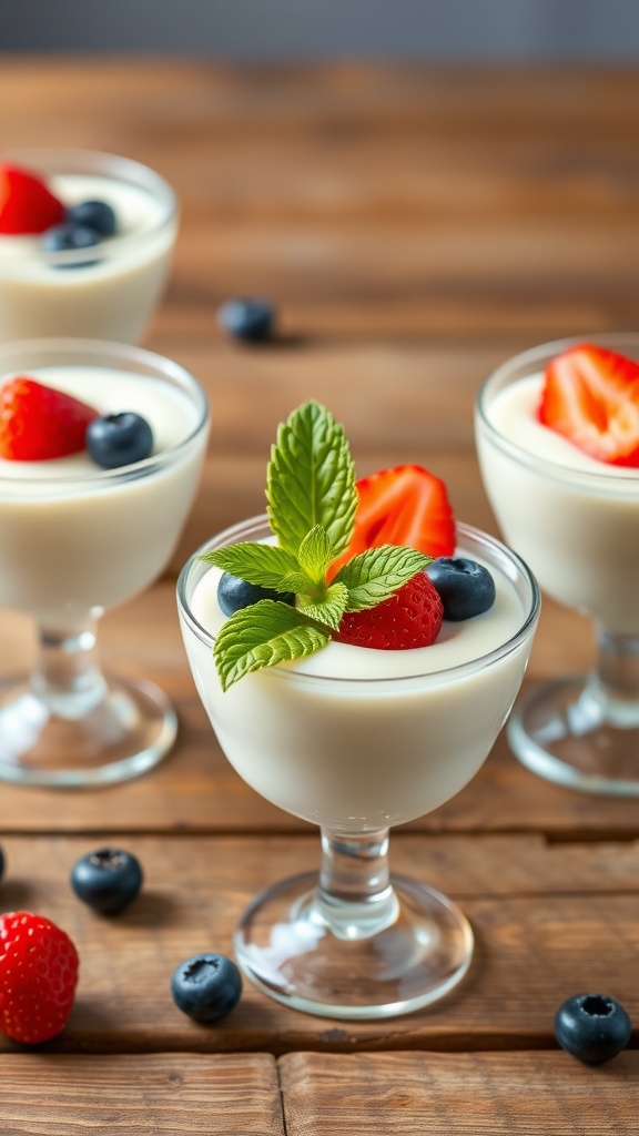 Elegant yogurt mousse topped with fresh berries and mint, served in glass cups on a wooden table.